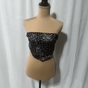 NWT LE LIS‎ Scarf Style Top Black White M Ruched Strapless Shirt Tie Back B58